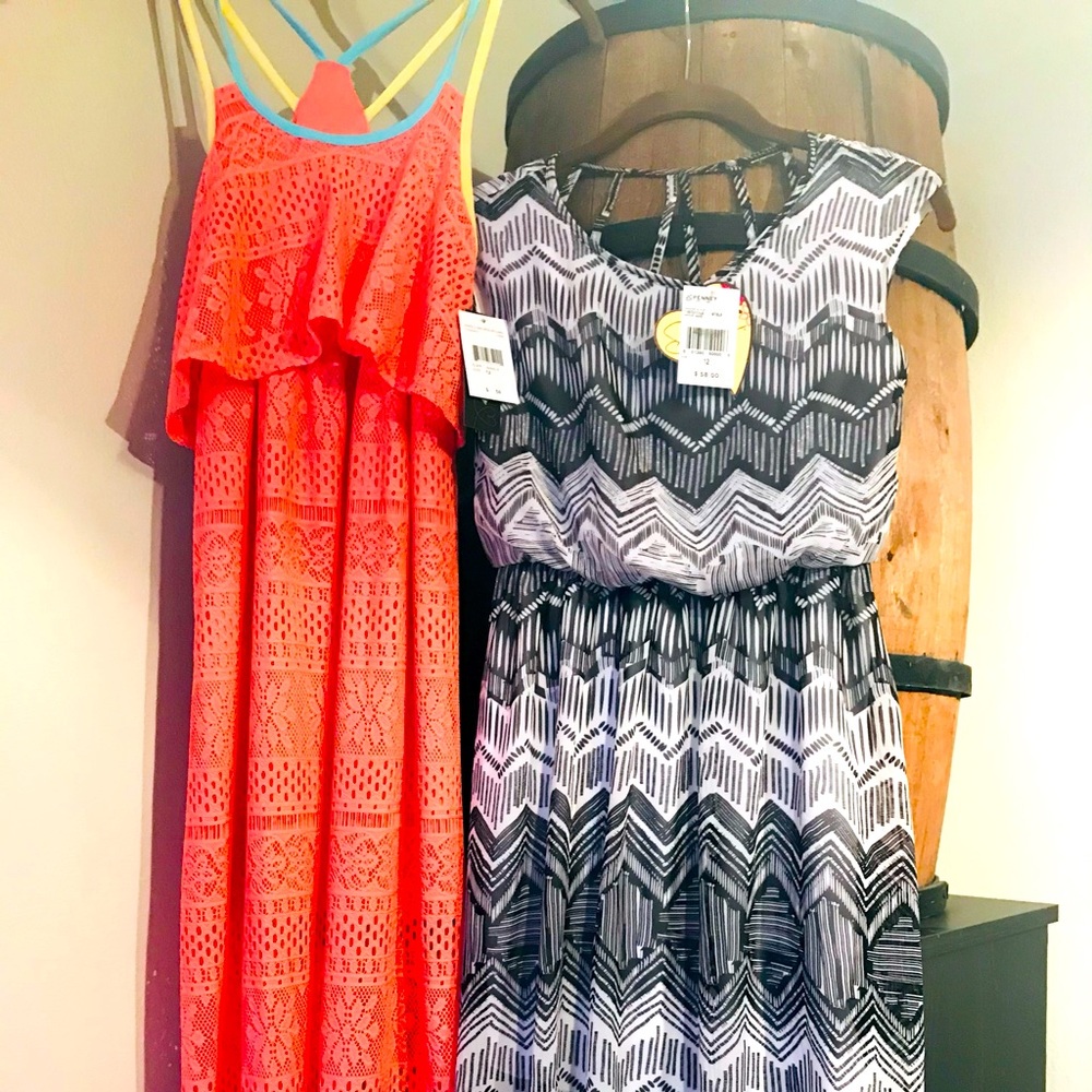 Coral Lace Overlay Maxi Dresses with Bright Trim, Bright Flats To Match